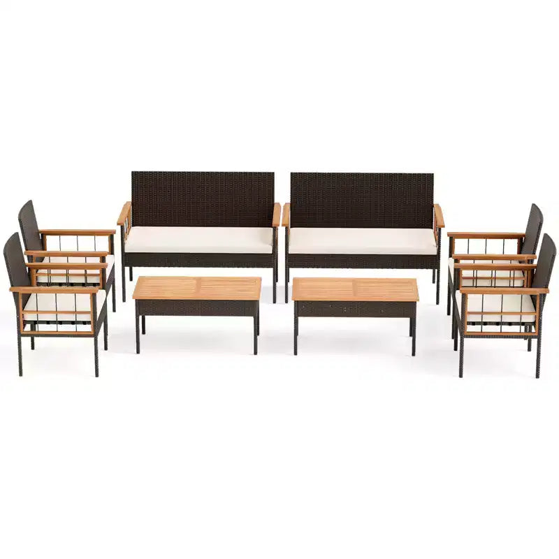 Costway Set di 8 Mobili in Vimini con Braccioli e Cuscini in Legno di Acacia per Giardino
