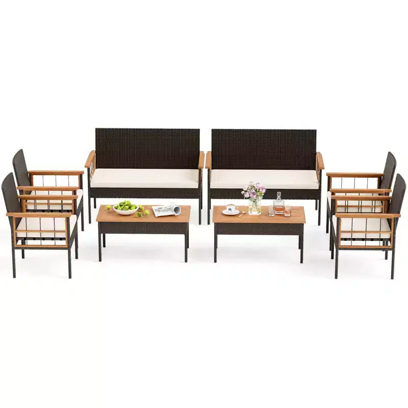 Costway Set di 8 Mobili in Vimini con Braccioli e Cuscini in Legno di Acacia per Giardino