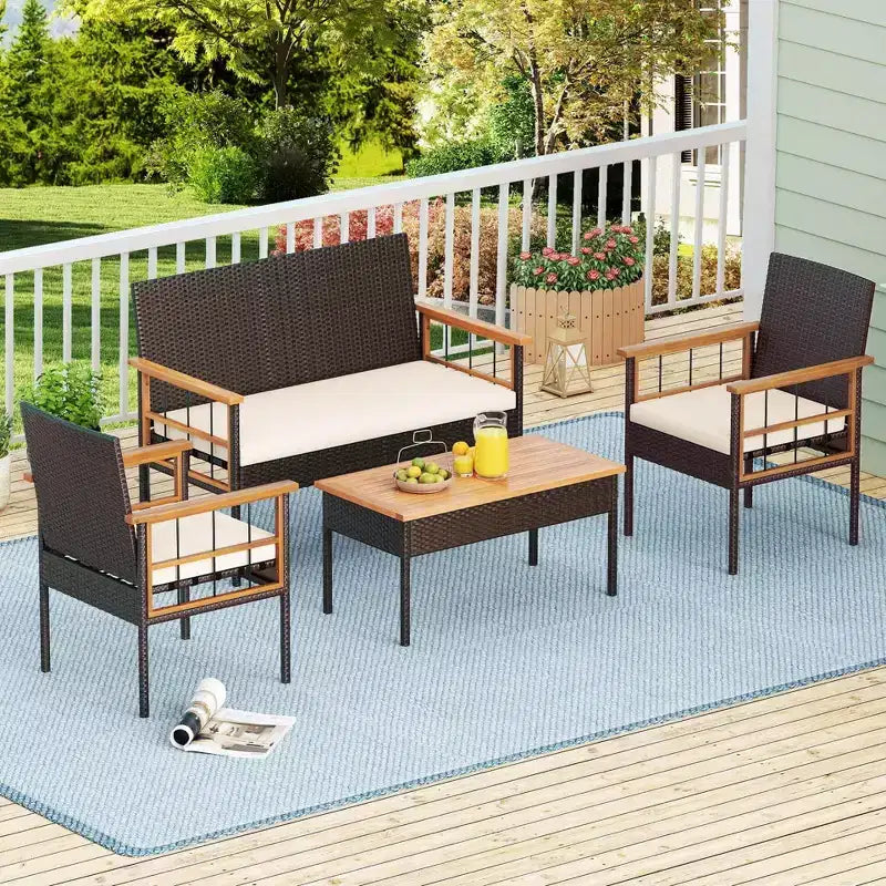 Costway Set di 8 Mobili in Vimini con Braccioli e Cuscini in Legno di Acacia per Giardino