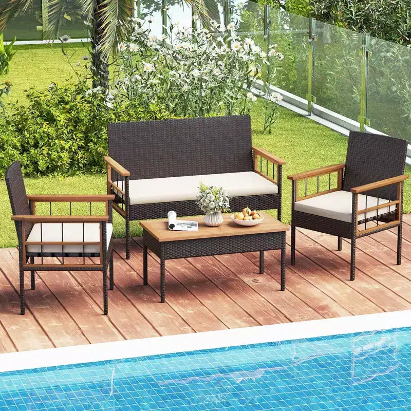 Costway Set di 8 Mobili in Vimini con Braccioli e Cuscini in Legno di Acacia per Giardino