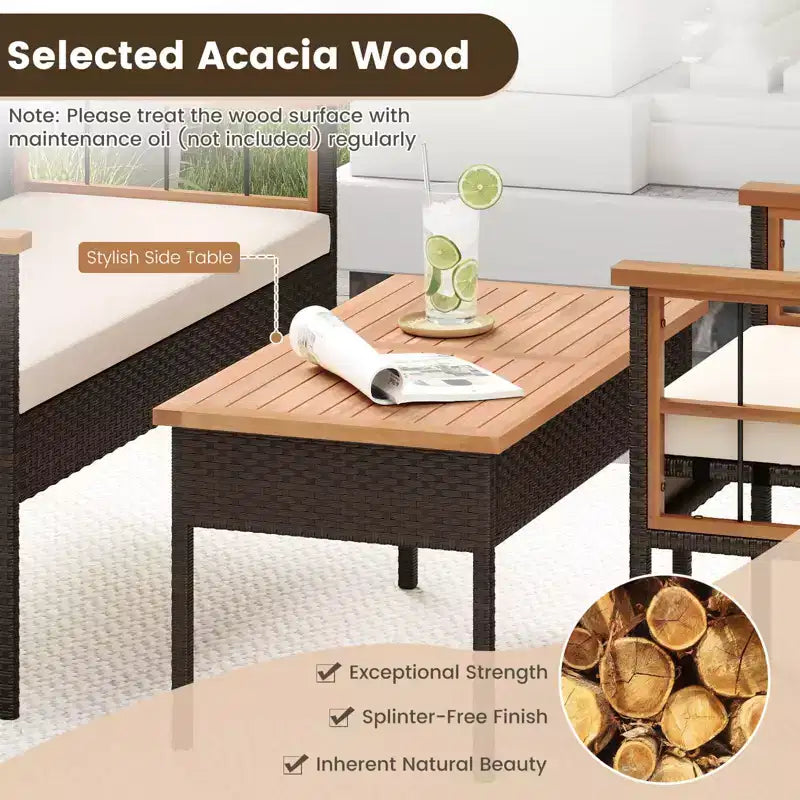 Costway Set di 8 Mobili in Vimini con Braccioli e Cuscini in Legno di Acacia per Giardino
