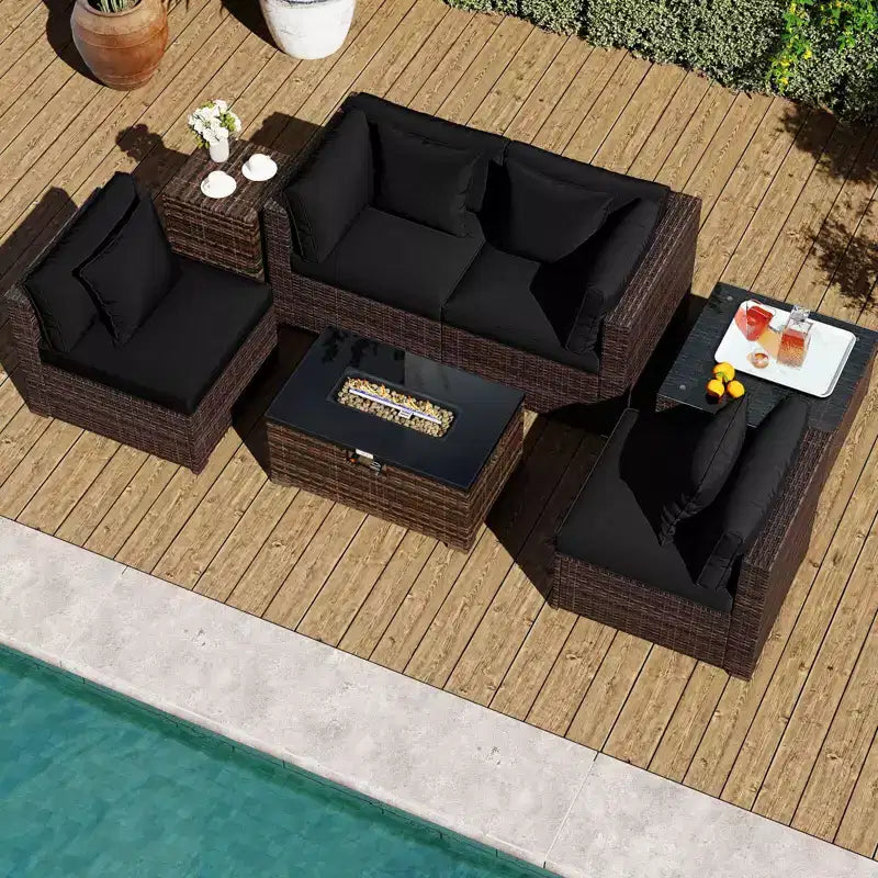 Costway Set Mobili da Giardino 7 Pezzi Tavolo Braciere a Gas 40.000 BTU Copertura per Bombola GPL Marrone Misto + Blu Marino/Rosso/Nero/Turchese/Bianco Sporco