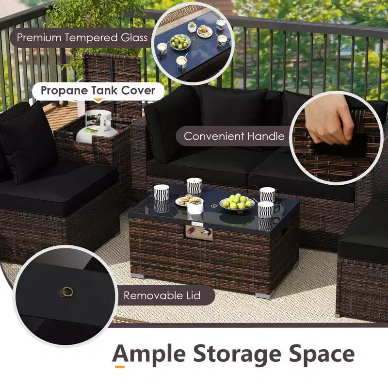 Costway Set Mobili da Giardino 7 Pezzi Tavolo Braciere a Gas 40.000 BTU Copertura per Bombola GPL Marrone Misto + Blu Marino/Rosso/Nero/Turchese/Bianco Sporco