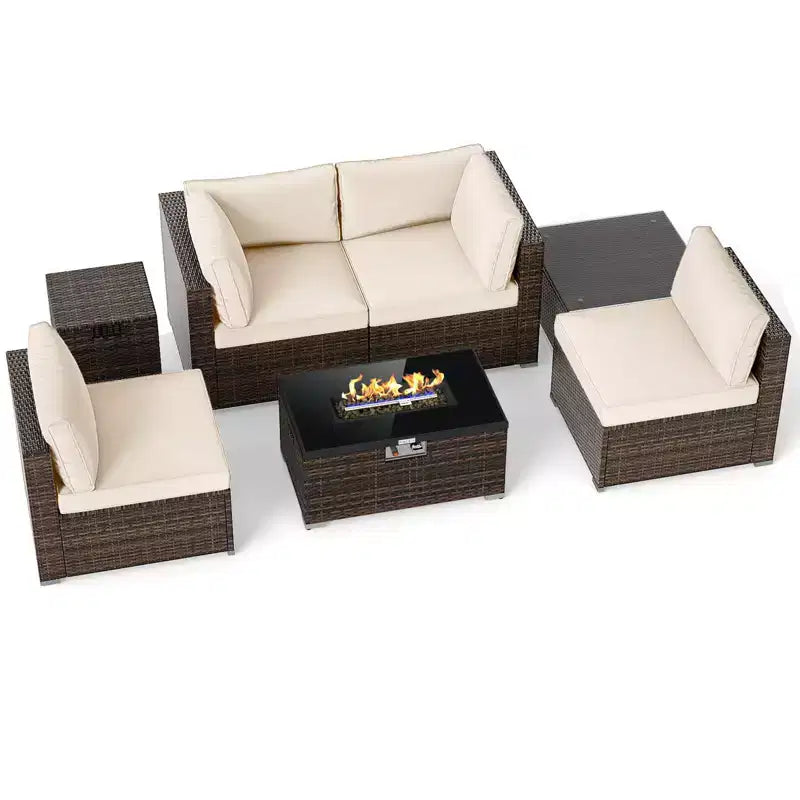 Costway Set Mobili da Giardino 7 Pezzi Tavolo Braciere a Gas 40.000 BTU Copertura per Bombola GPL Marrone Misto + Blu Marino/Rosso/Nero/Turchese/Bianco Sporco