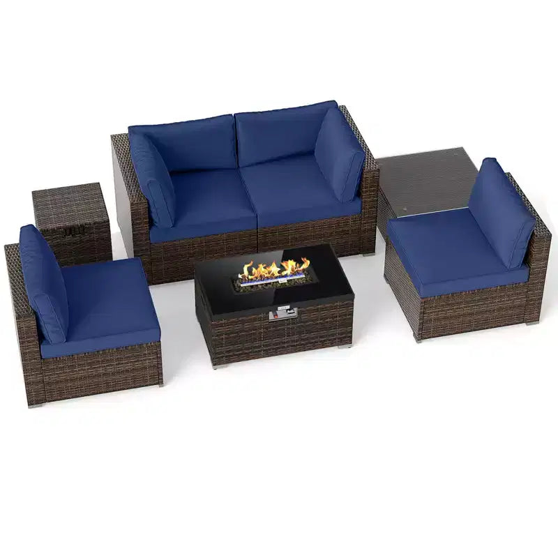 Costway Set Mobili da Giardino 7 Pezzi Tavolo Braciere a Gas 40.000 BTU Copertura per Bombola GPL Marrone Misto + Blu Marino/Rosso/Nero/Turchese/Bianco Sporco