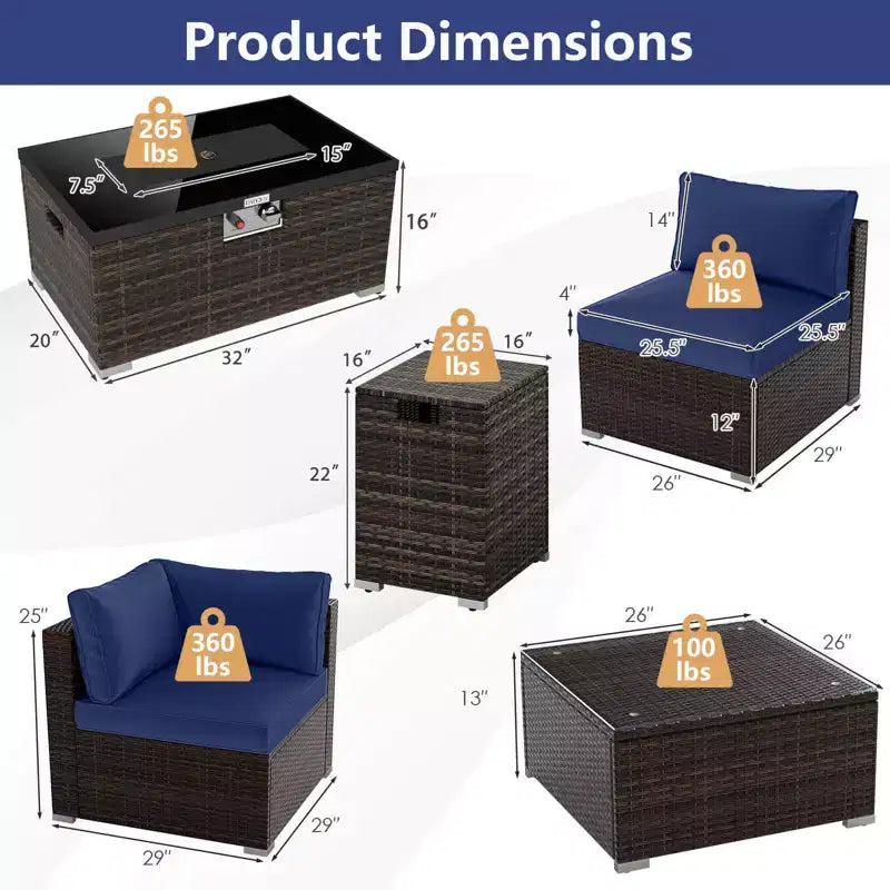 Costway Set Mobili da Giardino 7 Pezzi Tavolo Braciere a Gas 40.000 BTU Copertura per Bombola GPL Marrone Misto + Blu Marino/Rosso/Nero/Turchese/Bianco Sporco
