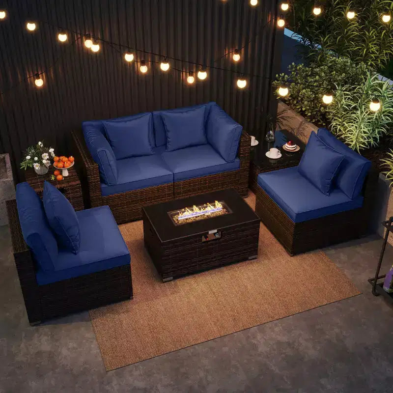 Costway Set Mobili da Giardino 7 Pezzi Tavolo Braciere a Gas 40.000 BTU Copertura per Bombola GPL Marrone Misto + Blu Marino/Rosso/Nero/Turchese/Bianco Sporco