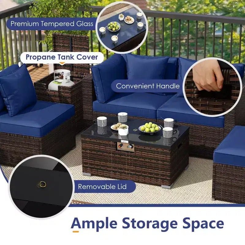 Costway Set Mobili da Giardino 7 Pezzi Tavolo Braciere a Gas 40.000 BTU Copertura per Bombola GPL Marrone Misto + Blu Marino/Rosso/Nero/Turchese/Bianco Sporco