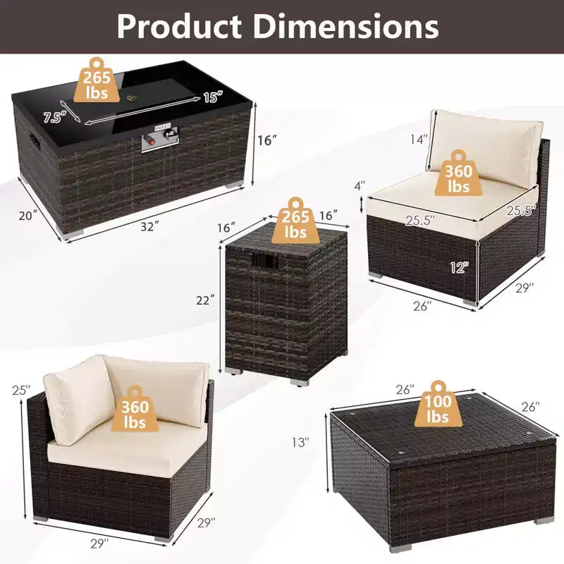 Costway Set Mobili da Giardino 7 Pezzi Tavolo Braciere a Gas 40.000 BTU Copertura per Bombola GPL Marrone Misto + Blu Marino/Rosso/Nero/Turchese/Bianco Sporco