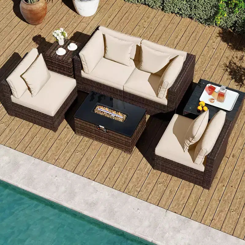 Costway Set Mobili da Giardino 7 Pezzi Tavolo Braciere a Gas 40.000 BTU Copertura per Bombola GPL Marrone Misto + Blu Marino/Rosso/Nero/Turchese/Bianco Sporco