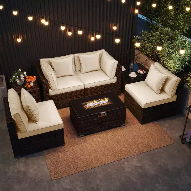 Costway Set Mobili da Giardino 7 Pezzi Tavolo Braciere a Gas 40.000 BTU Copertura per Bombola GPL Marrone Misto + Blu Marino/Rosso/Nero/Turchese/Bianco Sporco