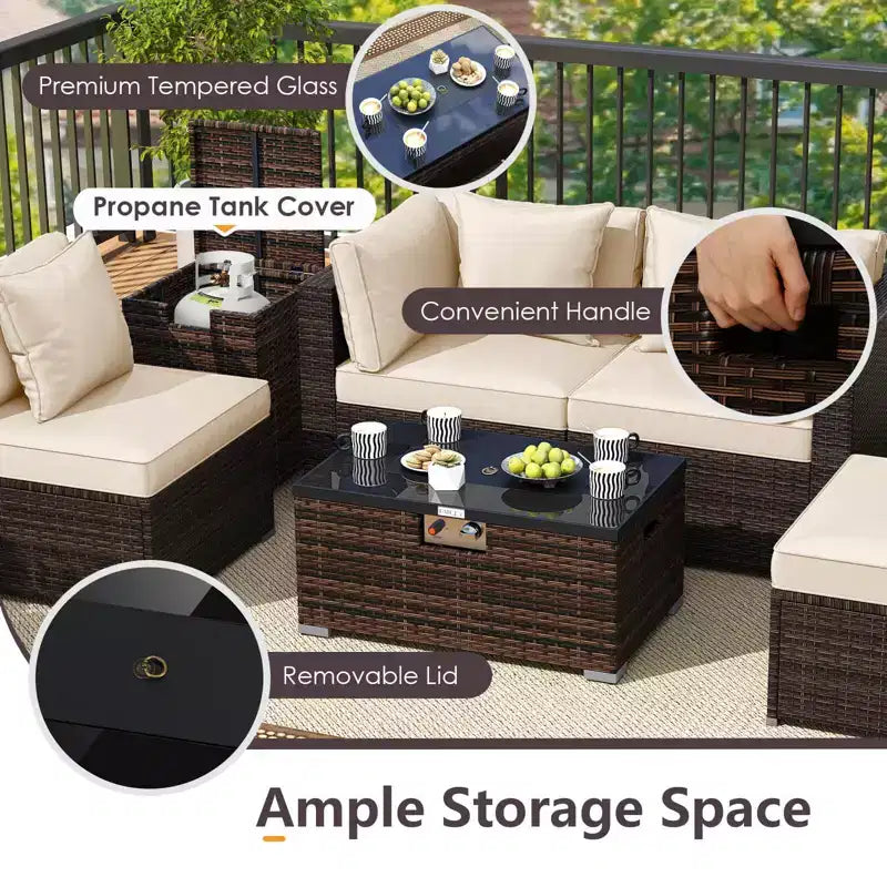 Costway Set Mobili da Giardino 7 Pezzi Tavolo Braciere a Gas 40.000 BTU Copertura per Bombola GPL Marrone Misto + Blu Marino/Rosso/Nero/Turchese/Bianco Sporco
