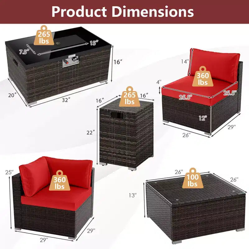 Costway Set Mobili da Giardino 7 Pezzi Tavolo Braciere a Gas 40.000 BTU Copertura per Bombola GPL Marrone Misto + Blu Marino/Rosso/Nero/Turchese/Bianco Sporco