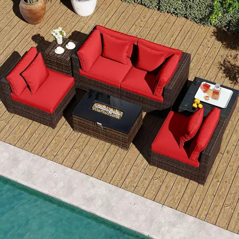 Costway Set Mobili da Giardino 7 Pezzi Tavolo Braciere a Gas 40.000 BTU Copertura per Bombola GPL Marrone Misto + Blu Marino/Rosso/Nero/Turchese/Bianco Sporco