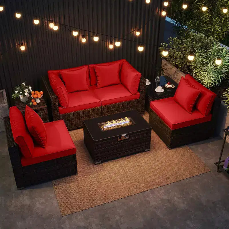 Costway Set Mobili da Giardino 7 Pezzi Tavolo Braciere a Gas 40.000 BTU Copertura per Bombola GPL Marrone Misto + Blu Marino/Rosso/Nero/Turchese/Bianco Sporco