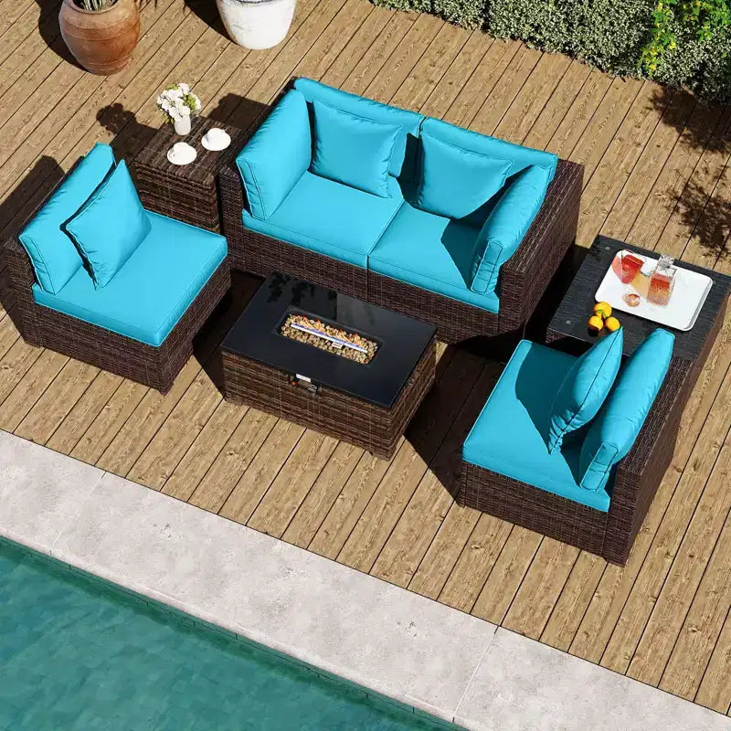 Costway Set Mobili da Giardino 7 Pezzi Tavolo Braciere a Gas 40.000 BTU Copertura per Bombola GPL Marrone Misto + Blu Marino/Rosso/Nero/Turchese/Bianco Sporco