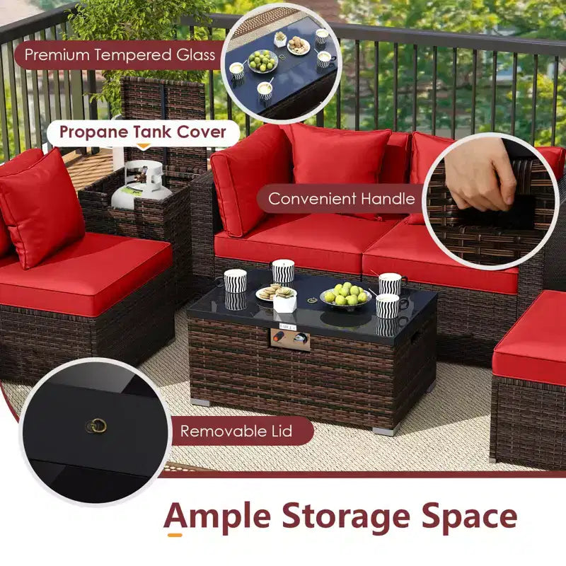Costway Set Mobili da Giardino 7 Pezzi Tavolo Braciere a Gas 40.000 BTU Copertura per Bombola GPL Marrone Misto + Blu Marino/Rosso/Nero/Turchese/Bianco Sporco