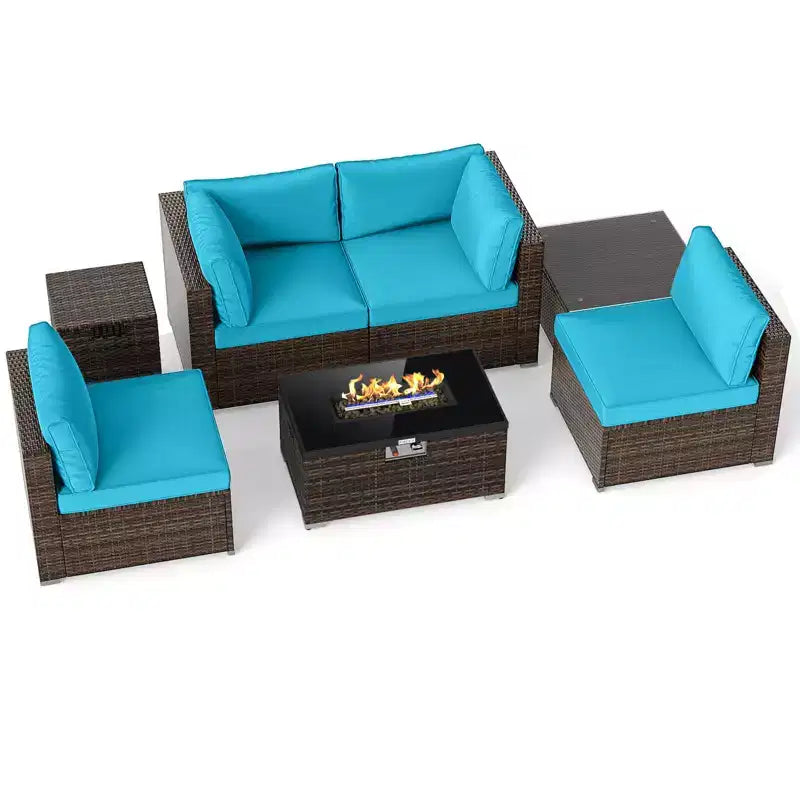 Costway Set Mobili da Giardino 7 Pezzi Tavolo Braciere a Gas 40.000 BTU Copertura per Bombola GPL Marrone Misto + Blu Marino/Rosso/Nero/Turchese/Bianco Sporco