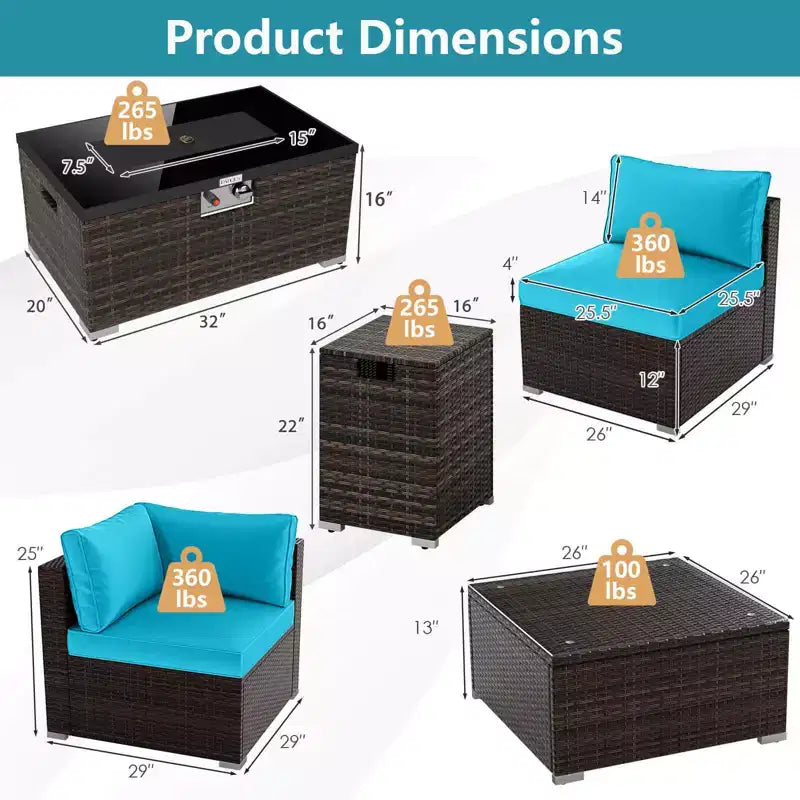 Costway Set Mobili da Giardino 7 Pezzi Tavolo Braciere a Gas 40.000 BTU Copertura per Bombola GPL Marrone Misto + Blu Marino/Rosso/Nero/Turchese/Bianco Sporco