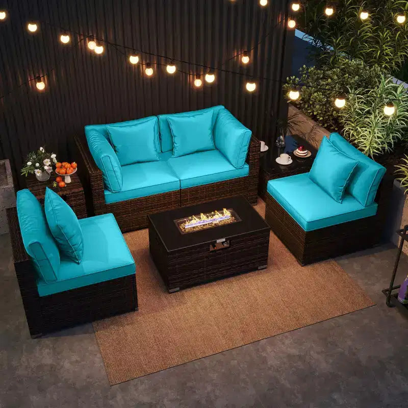 Costway Set Mobili da Giardino 7 Pezzi Tavolo Braciere a Gas 40.000 BTU Copertura per Bombola GPL Marrone Misto + Blu Marino/Rosso/Nero/Turchese/Bianco Sporco