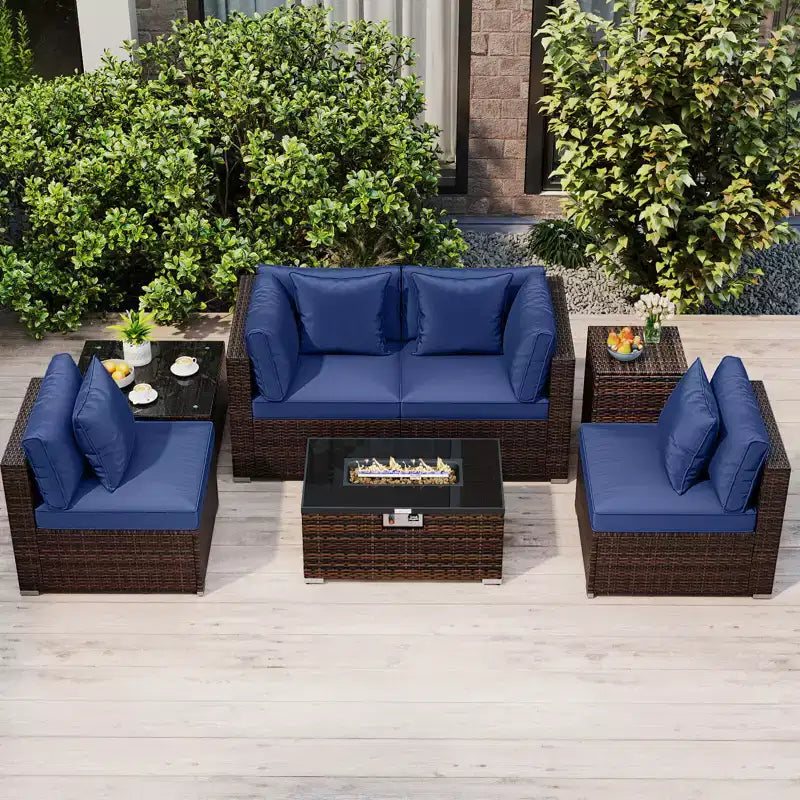 Costway Set Mobili da Giardino 7 Pezzi Tavolo Braciere a Gas 40.000 BTU Copertura per Bombola GPL Marrone Misto + Blu Marino/Rosso/Nero/Turchese/Bianco Sporco
