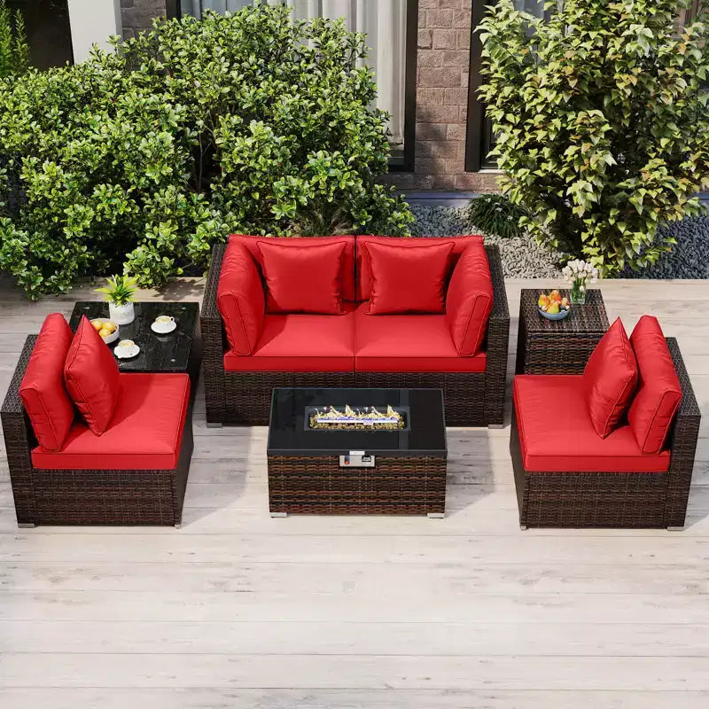 Costway Set Mobili da Giardino 7 Pezzi Tavolo Braciere a Gas 40.000 BTU Copertura per Bombola GPL Marrone Misto + Blu Marino/Rosso/Nero/Turchese/Bianco Sporco
