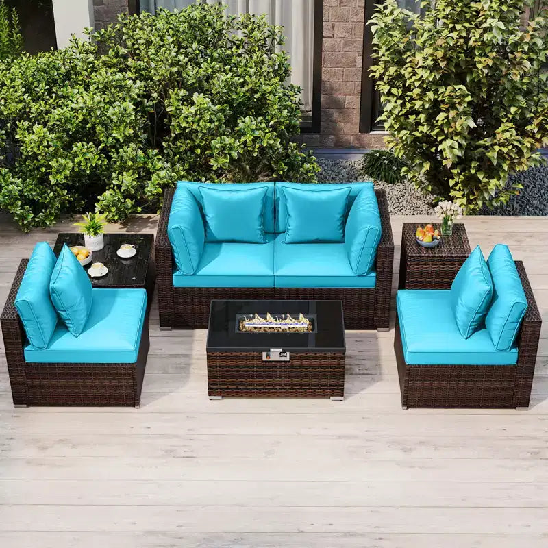Costway Set Mobili da Giardino 7 Pezzi Tavolo Braciere a Gas 40.000 BTU Copertura per Bombola GPL Marrone Misto + Blu Marino/Rosso/Nero/Turchese/Bianco Sporco