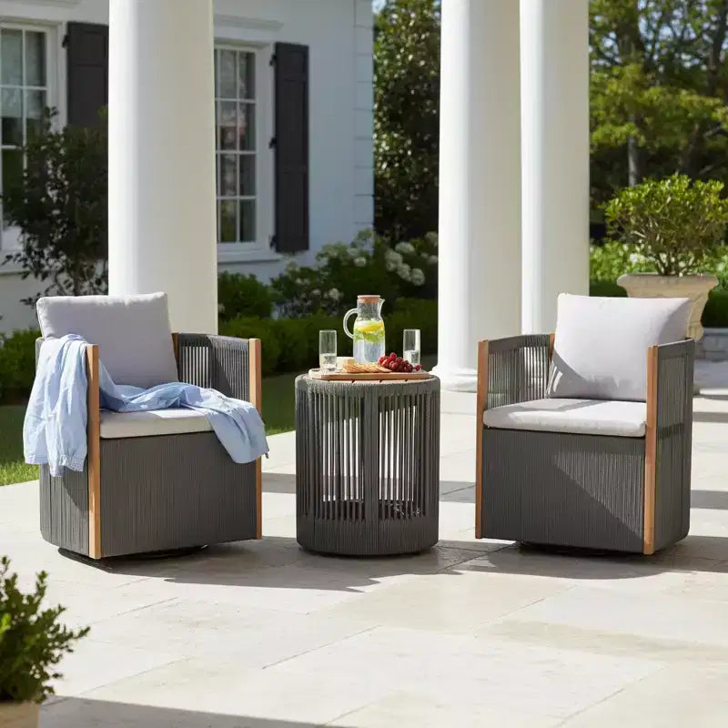 Christopher Knight Home Mason Set da Conversazione da Esterno Boho Moderno a 3 Pezzi con Poltrone Girevoli in Legno di Acacia e Corda e Tavolino Rotondo