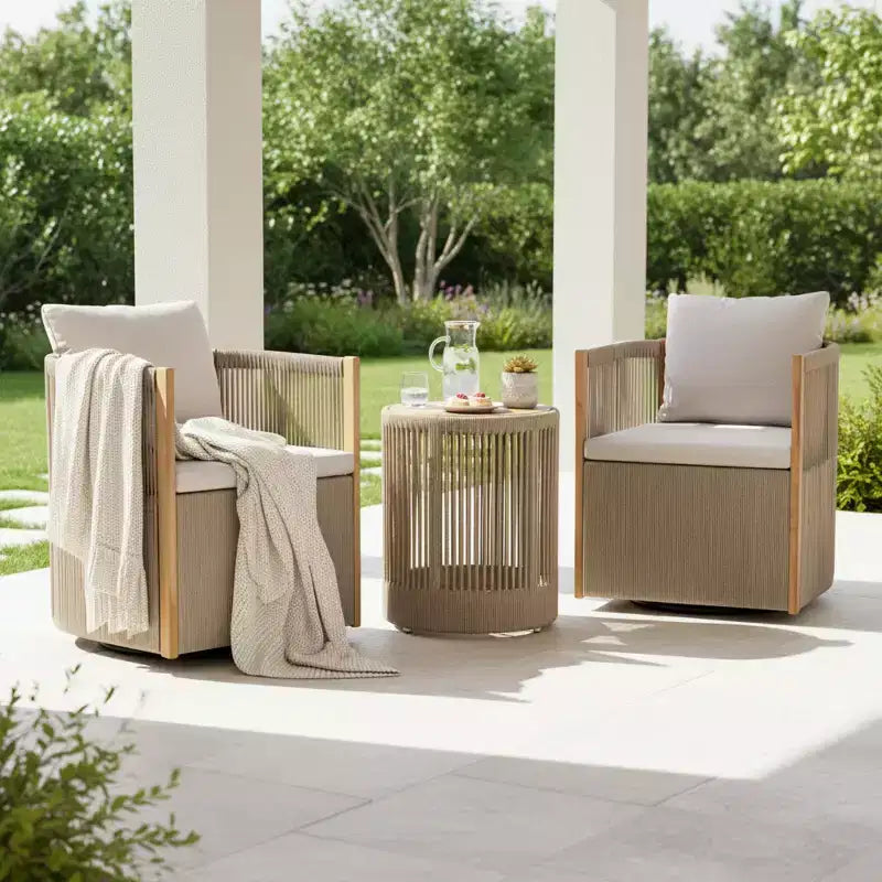 Christopher Knight Home Mason Set da Conversazione da Esterno Boho Moderno a 3 Pezzi con Poltrone Girevoli in Legno di Acacia e Corda e Tavolino Rotondo