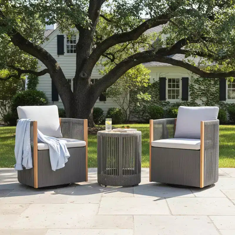 Christopher Knight Home Mason Set da Conversazione da Esterno Boho Moderno a 3 Pezzi con Poltrone Girevoli in Legno di Acacia e Corda e Tavolino Rotondo