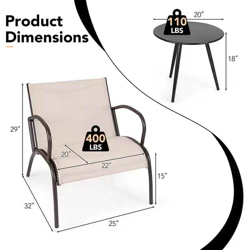 Set da 3 pezzi per patio Costway con sedie a seduta curva in tessuto e tavolino rotondo per giardino
