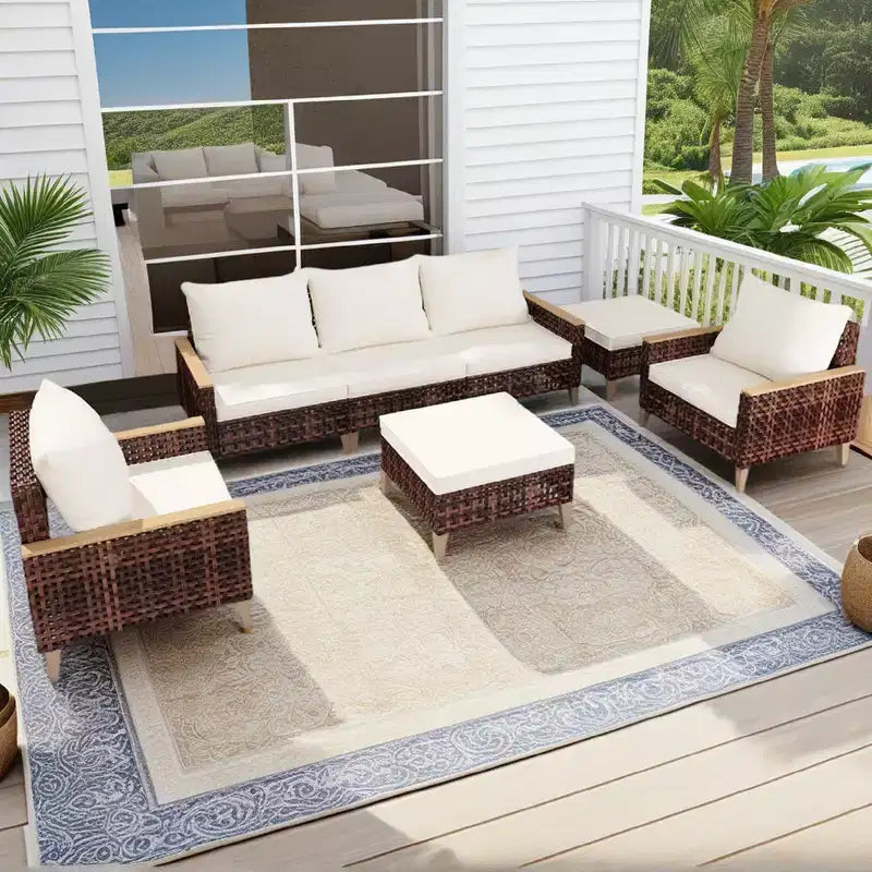 Whisen Patio Divano da esterno a 5 pezzi, set da 7 persone per conversazione da giardino in rattan con morbidi cuscini - Bianco