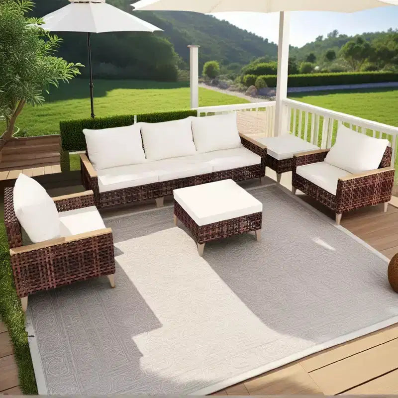 Whisen Patio Divano da esterno a 5 pezzi, set da 7 persone per conversazione da giardino in rattan con morbidi cuscini - Bianco