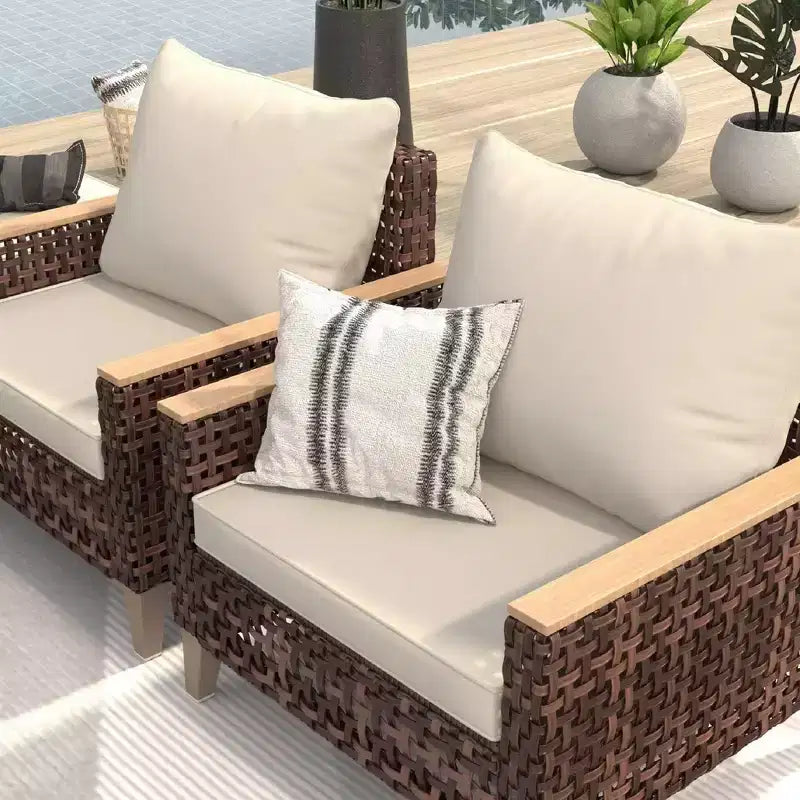 Whisen Patio Divano da esterno a 5 pezzi, set da 7 persone per conversazione da giardino in rattan con morbidi cuscini - Bianco