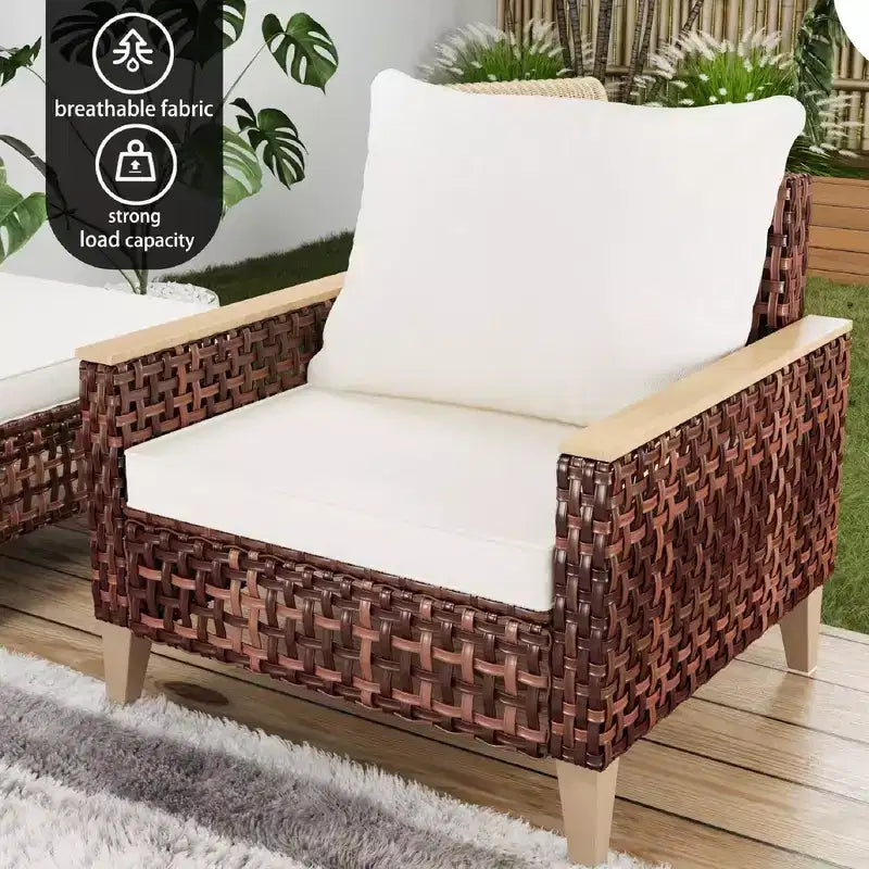 Whisen Patio Divano da esterno a 5 pezzi, set da 7 persone per conversazione da giardino in rattan con morbidi cuscini - Bianco