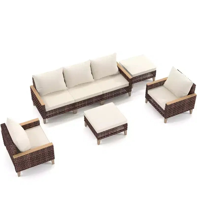 Whisen Patio Divano da esterno a 5 pezzi, set da 7 persone per conversazione da giardino in rattan con morbidi cuscini - Bianco