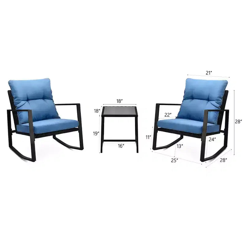 Whisen Set da 3 Pezzi da Giardino per Patio, Poltrona a Dondolo da Esterno, Set da Conversazione a Dondolo con Cuscino e 1 Tavolino - Blu