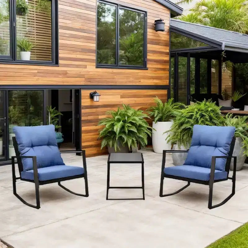 Whisen Set da 3 Pezzi da Giardino per Patio, Poltrona a Dondolo da Esterno, Set da Conversazione a Dondolo con Cuscino e 1 Tavolino - Blu