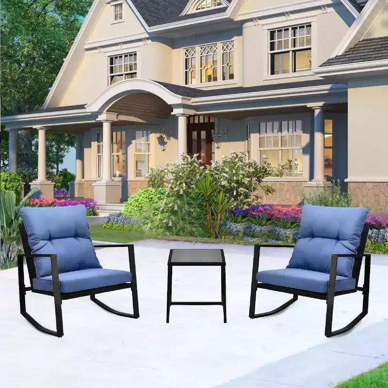 Whisen Set da 3 Pezzi da Giardino per Patio, Poltrona a Dondolo da Esterno, Set da Conversazione a Dondolo con Cuscino e 1 Tavolino - Blu