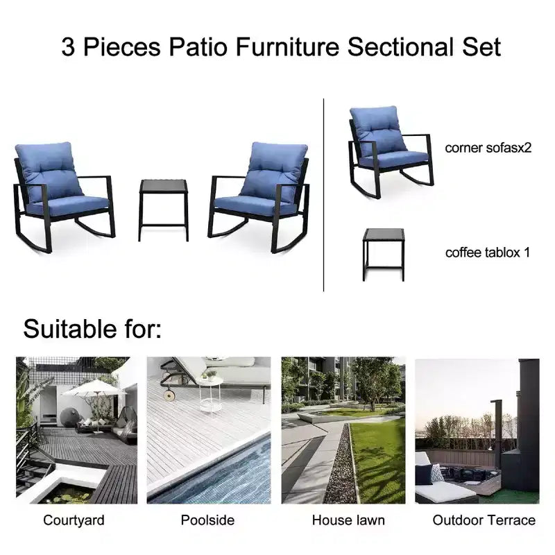 Whisen Set da 3 Pezzi da Giardino per Patio, Poltrona a Dondolo da Esterno, Set da Conversazione a Dondolo con Cuscino e 1 Tavolino - Blu