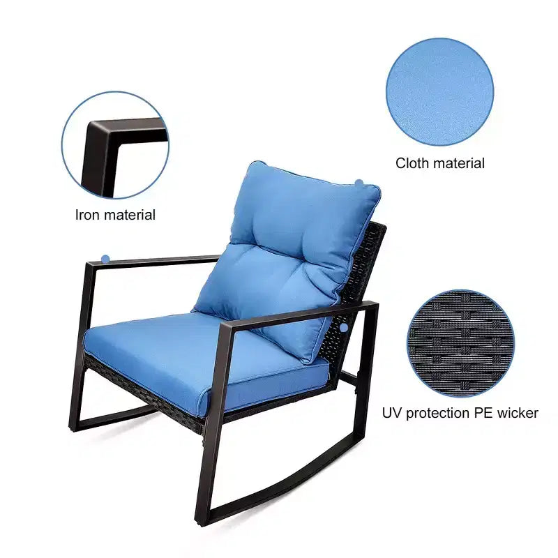 Whisen Set da 3 Pezzi da Giardino per Patio, Poltrona a Dondolo da Esterno, Set da Conversazione a Dondolo con Cuscino e 1 Tavolino - Blu