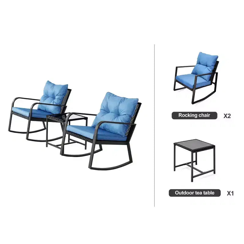 Whisen Set da 3 Pezzi da Giardino per Patio, Poltrona a Dondolo da Esterno, Set da Conversazione a Dondolo con Cuscino e 1 Tavolino - Blu