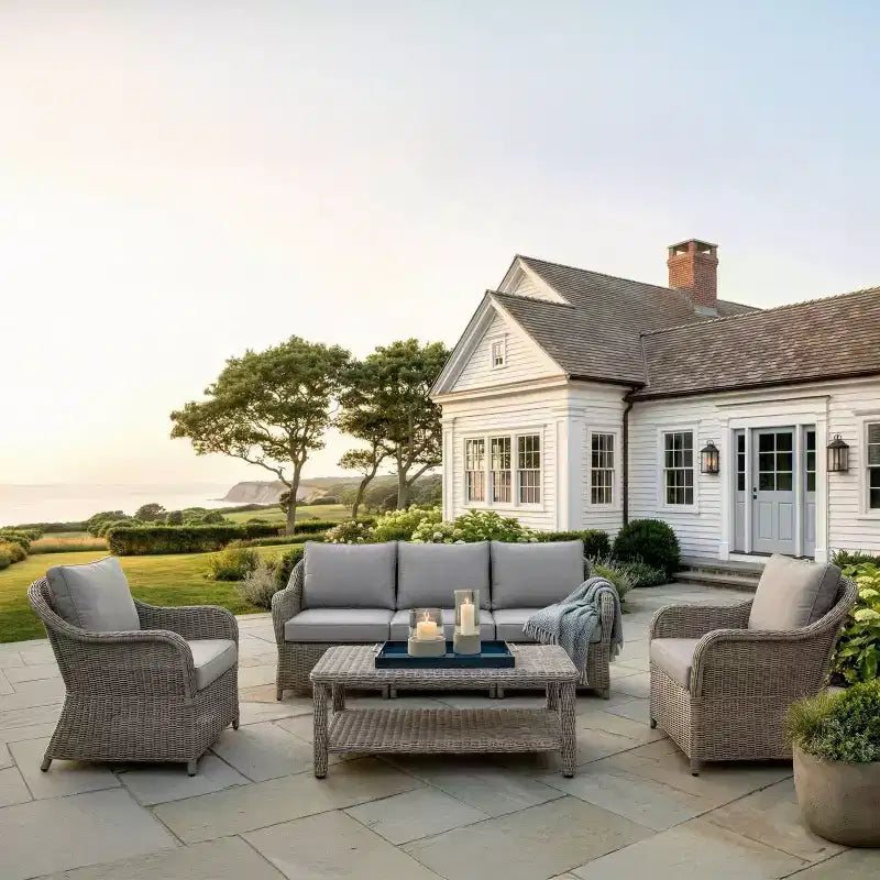 Divano, 2 sedie e tavolino da caffè in rattan sintetico "All-Weather" di Martha Stewart - Grigio anticato