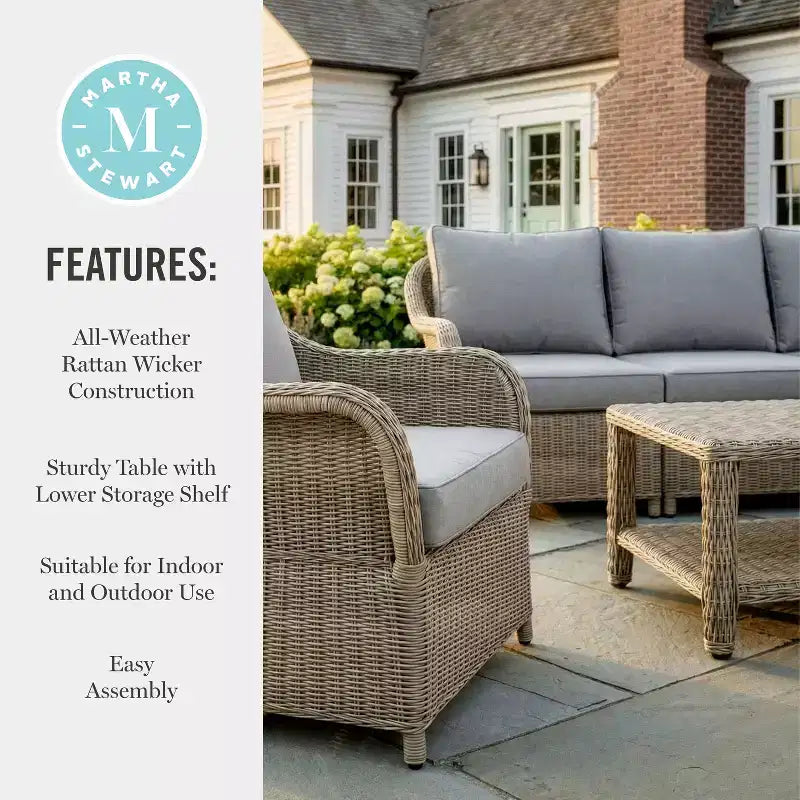 Divano, 2 sedie e tavolino da caffè in rattan sintetico "All-Weather" di Martha Stewart - Grigio anticato