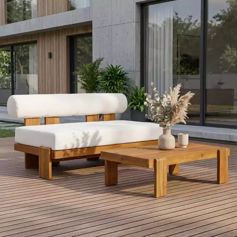 Christopher Knight Home Ishaan, set da 2 pezzi moderno, divanetto da esterni imbottito in acacia e tavolino da caffè a doghe