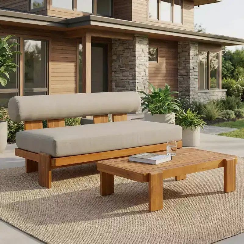 Christopher Knight Home Ishaan, set da 2 pezzi moderno, divanetto da esterni imbottito in acacia e tavolino da caffè a doghe