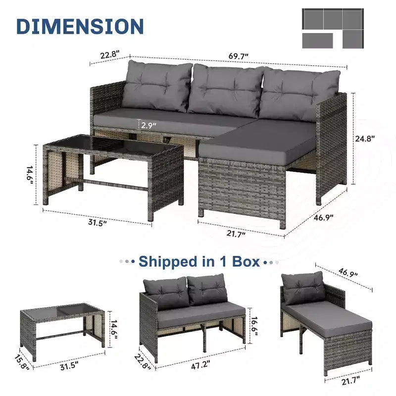 Celebalcony Mobili da Esterno per Patio, Set da 3 Pezzi in Rattan, Divano Sezionale a L con Cuscini e Tavolino in Vetro per Balcone e Giardino