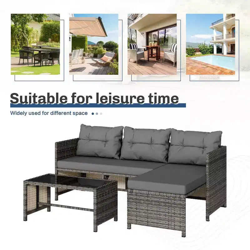 Celebalcony Mobili da Esterno per Patio, Set da 3 Pezzi in Rattan, Divano Sezionale a L con Cuscini e Tavolino in Vetro per Balcone e Giardino