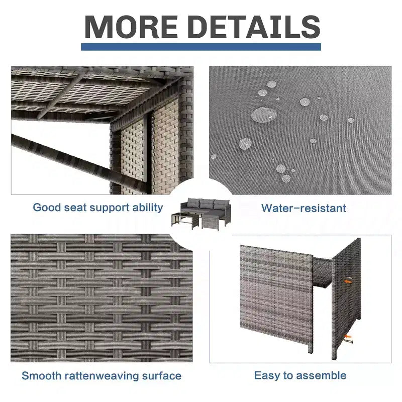 Celebalcony Mobili da Esterno per Patio, Set da 3 Pezzi in Rattan, Divano Sezionale a L con Cuscini e Tavolino in Vetro per Balcone e Giardino
