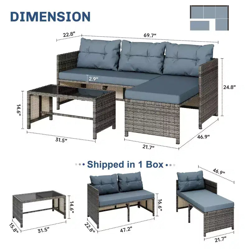 Celebalcony Mobili da Esterno per Patio, Set da 3 Pezzi in Rattan, Divano Sezionale a L con Cuscini e Tavolino in Vetro per Balcone e Giardino